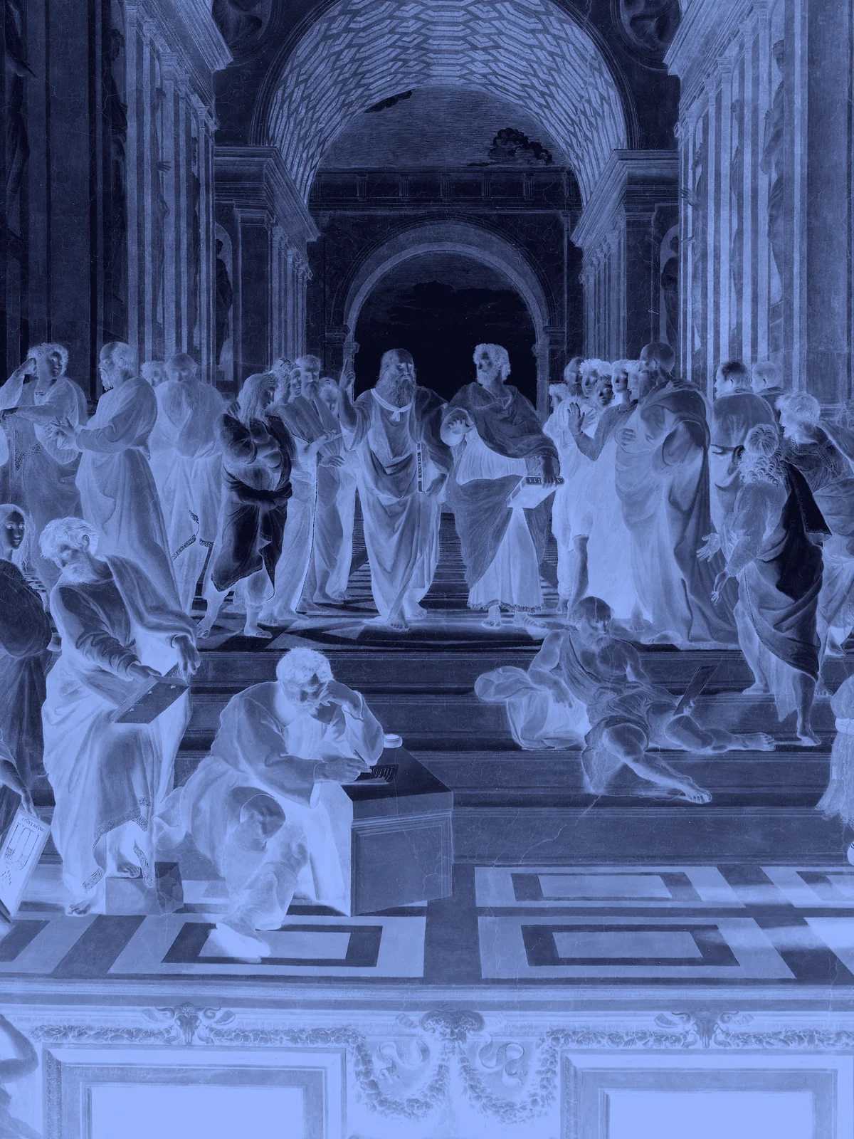 Raphael, The School of Athens: philosophers and students gathered in a great hall of learning