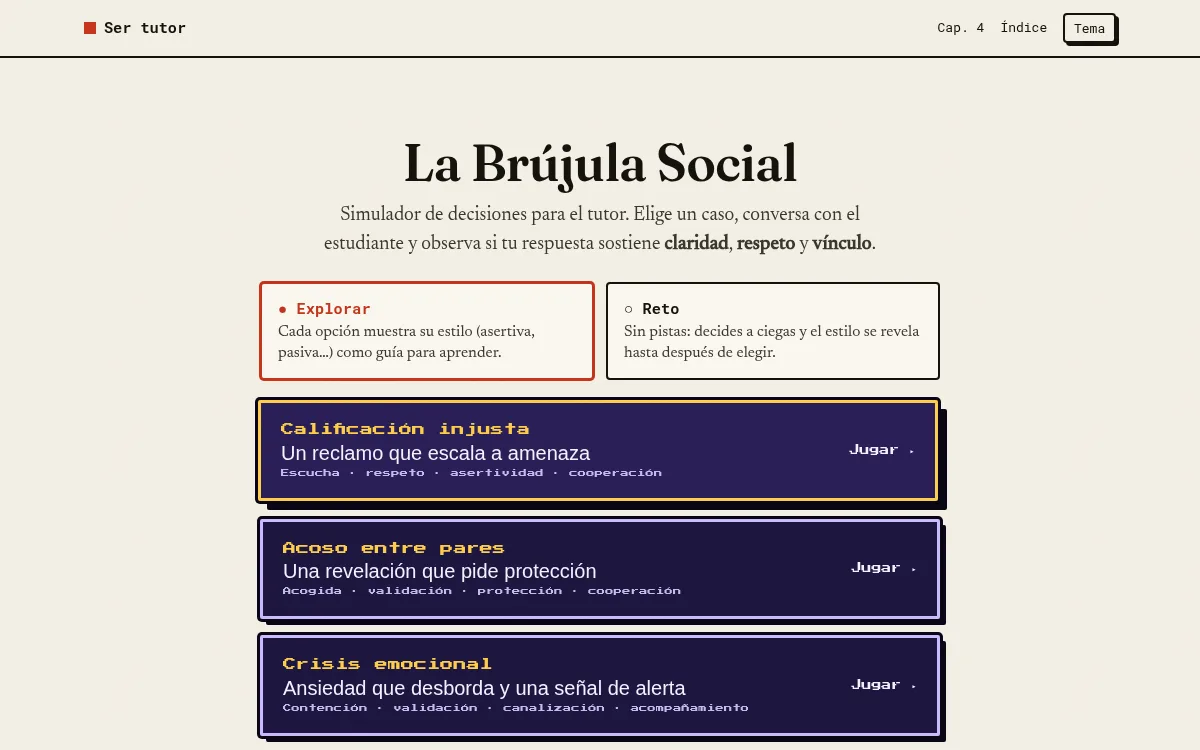 La Brújula Social: simulador donde el docente elige cómo responder ante un caso de aula.