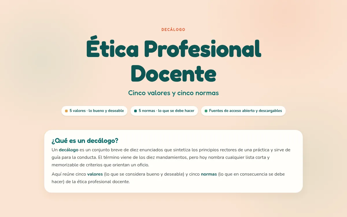 Decálogo de ética docente: cada principio abre el pasaje del artículo que lo respalda.